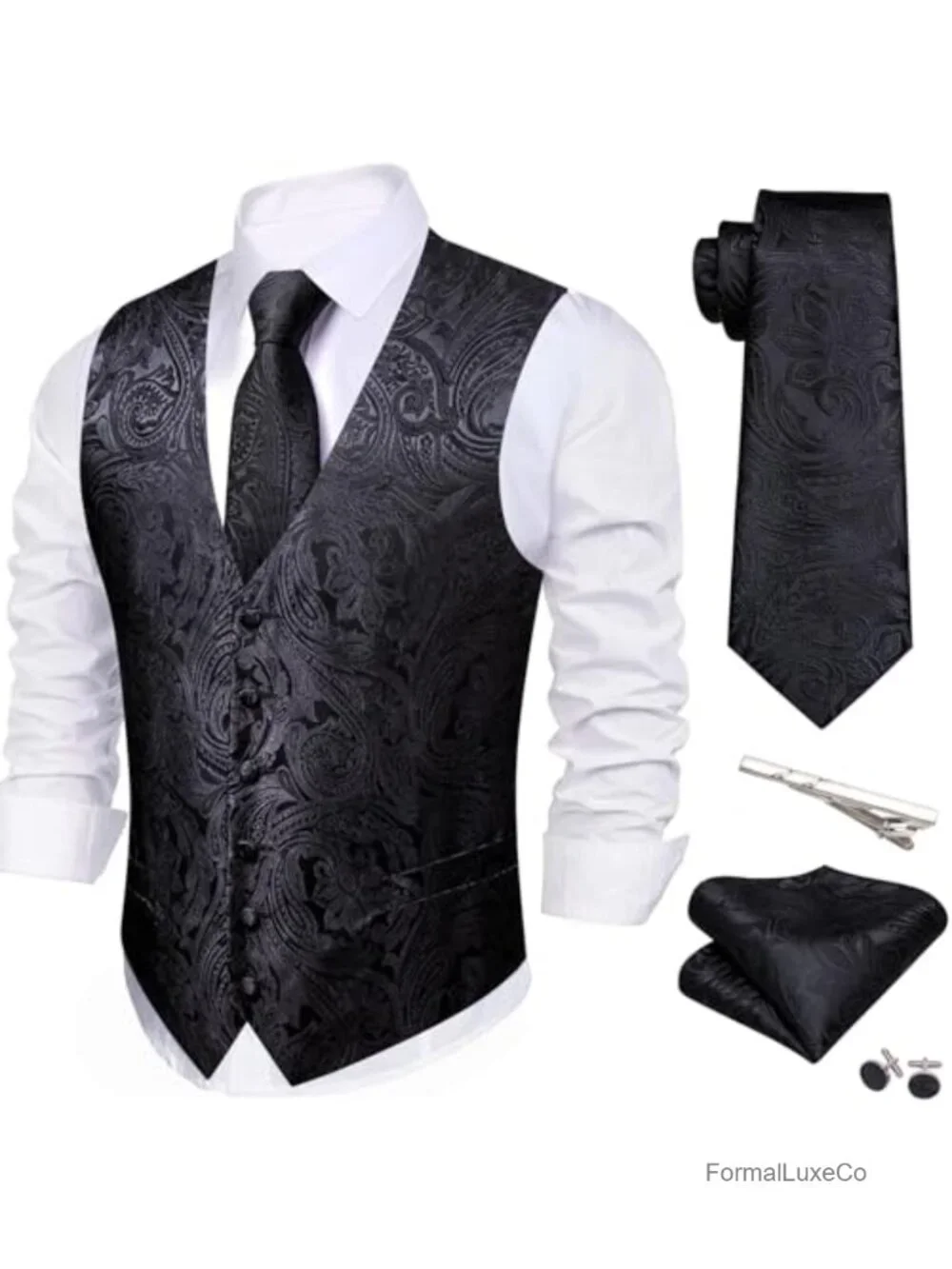 5-Piece Men's Suit Vest Set with Silk Tie, Pocket Square, Cufflinks, Tie Clip,